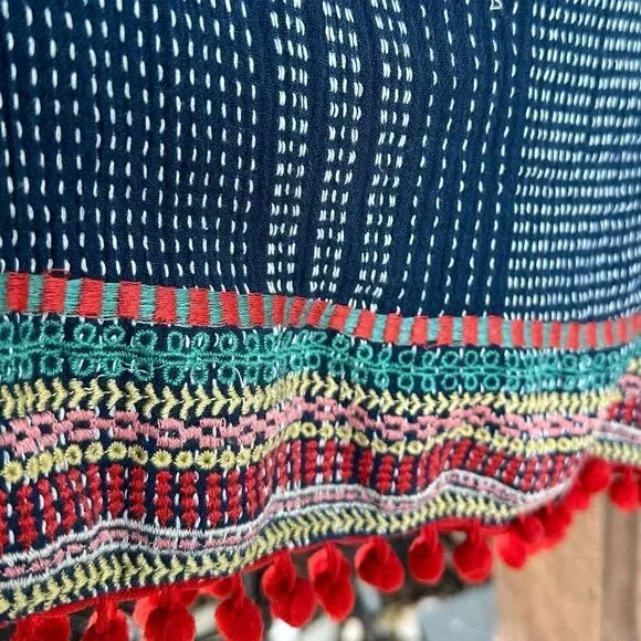 ANTHRO blue romper off the shoulder with embroidery red pompoms sz Large - Picture 13 of 13